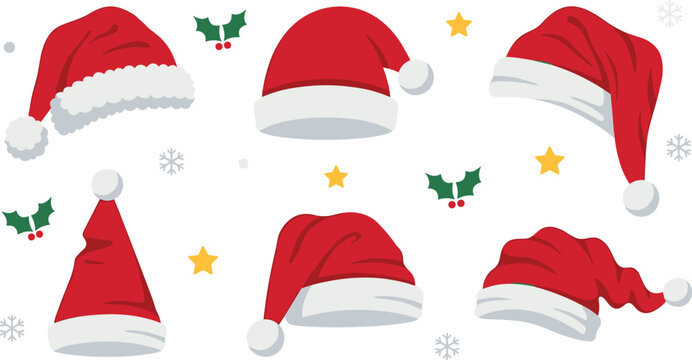 Red Santa hat vector element set featuring various Christmas hats with white fur trim holiday stars snowflakes and holly isolated on white background