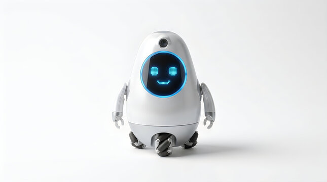A friendly white domestic social robot standing on a clean white background, representing modern artificial intelligence and home automation technology
