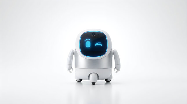 A friendly small white interactive robot with a glowing digital eye display standing on a clean white studio background for modern technology