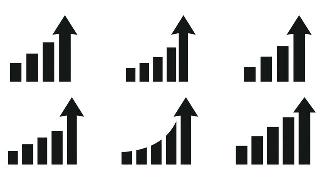 Visualizing growth and progress a collection of black arrow and bar chart icons representing positive trends and increasing values