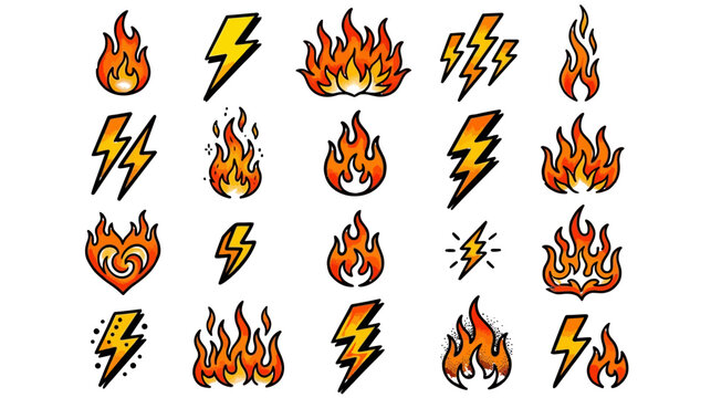 A vibrant collection of hand drawn traditional tattoo style flash featuring flames and lightning bolts perfect for illustrative designs and body art