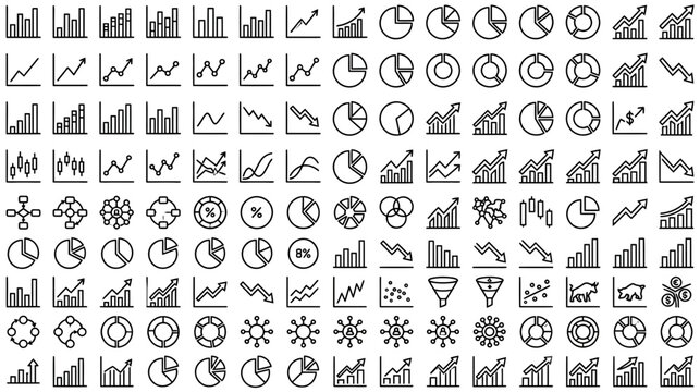 A comprehensive collection of business and data visualization icons featuring charts graphs arrows and circular diagrams for presentations and reports