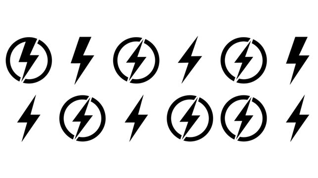 A collection of striking black lightning bolt icons and symbols both within and outside circular frames presented in a grid arrangement