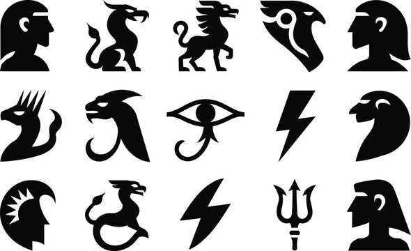 Mythology ancient symbol silhouette icon set illustration, deity dragon griffin trident eye lightning beast culture vector design graphic