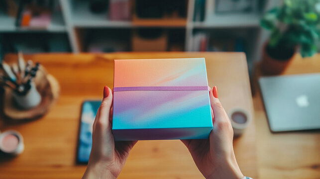 A close-up of hands holding a colorful custom branded package with a minimal fictional logo, modern small business workspace softly blurred in background, brand identity, ecommerce