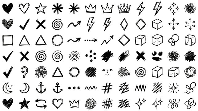A diverse collection of hand drawn doodle elements including shapes symbols and decorative motifs in black and white