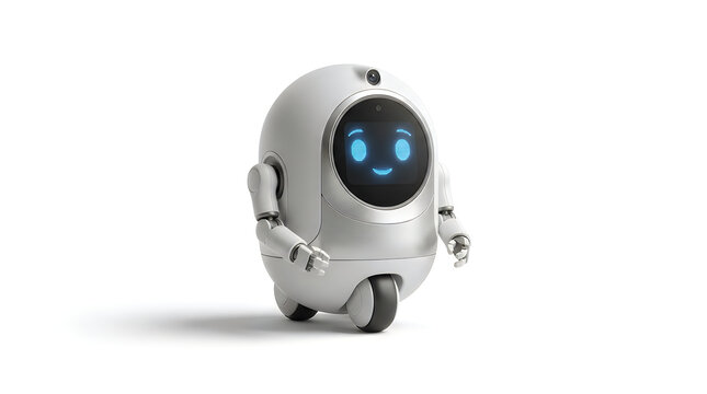 A friendly small white autonomous robot with a digital smiling face screen isolated on a clean white background for modern technology concepts