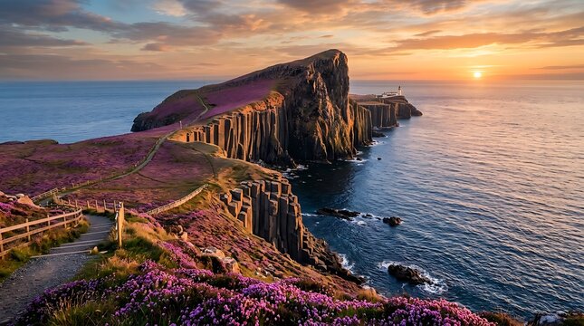 Neist point lighthouse on the isle of skye at sunset with purple wildflowers and dramatic basalt cliffs