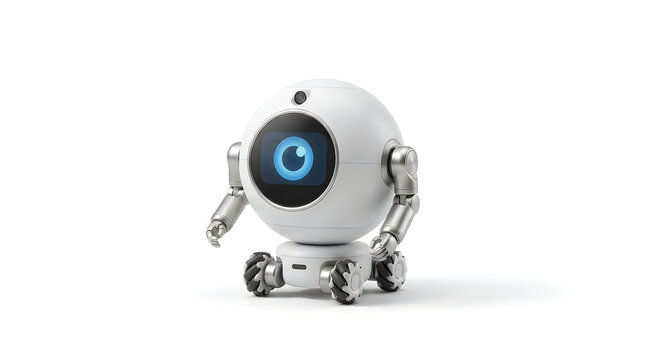 A modern white autonomous service robot with a digital eye display and omnidirectional wheels on a clean white studio background