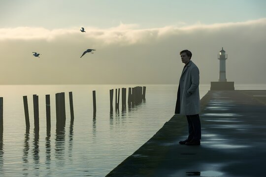 Man walking near pier at sunset with seagulls