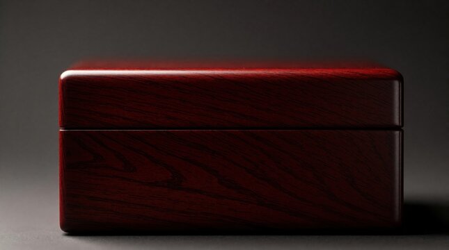 Close up of elegant dark wood gift box. Luxury mahogany textured container for jewelry watches. Minimalist wooden storage chest with smooth finish, premium grain. Empty rectangular box for presents