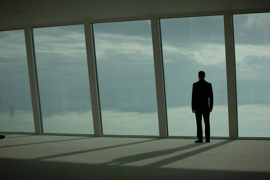 Man standing alone looking out large modern windows