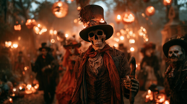 Skeleton wearing a top hat and cane posing on Halloween night. halloween skeleton, top hat, costume, spooky, eerie, skull, october, festive, creepy, scary, masquerade, gothic