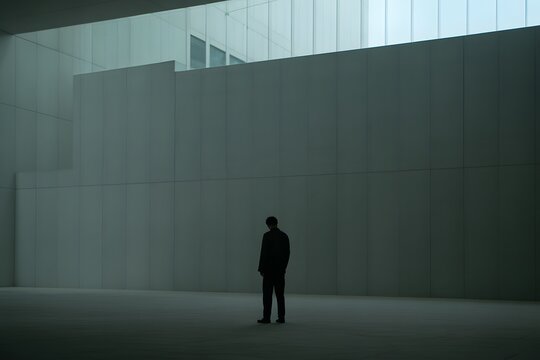 Person standing alone against modern concrete wall