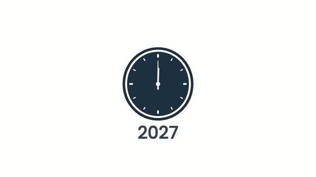 Minimalist clock graphic indicating midnight before the upcoming year 2027 in a clean, professional vector motion video animation designed for countdowns, event planning, and temporal sequences.