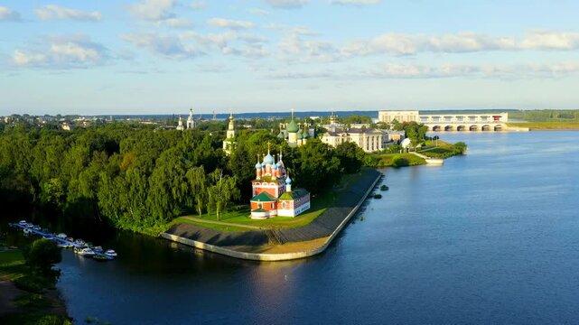 Uglich, Russia. Uglich city from the air, Uglich Kremlin, the main attraction of the city. Early morning. Drone footage, Point of interest