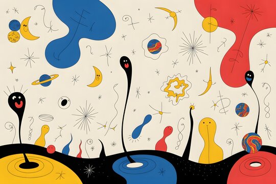 Colorful abstract space characters and planets illustration