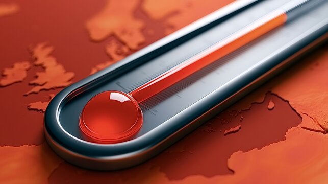 Thermometer showing extreme high temperature on a red map of europe, representing the concept of global warming, climate change, and current heatwaves across the continent with rising mercury