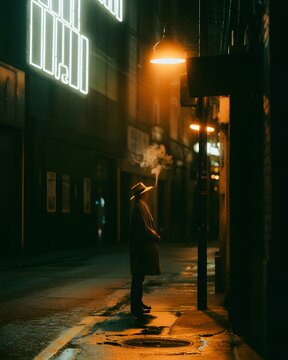 Person walking under hanging light at night