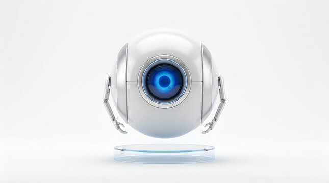 Minimalist 3D rendered futuristic robot with a glowing blue eye floating above a glass pedestal on a clean white background