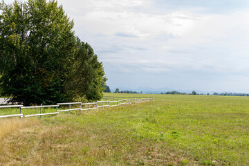 Naklejka premium Expansive green meadow with a rustic fence, lush trees, and distant mountains under a cloudy sky.