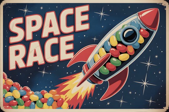 Colorful rocket blasting off in space race scene
