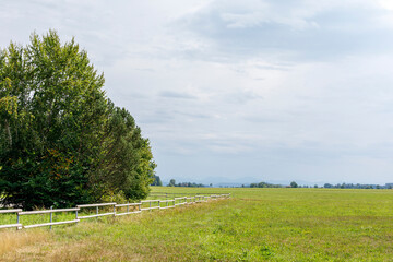 Naklejka premium Expansive green field with a white fence, bordered by trees, under a cloudy sky with distant mountai