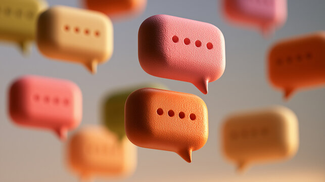 Back to school concept. Macro close-up detail of colorful 3D speech bubble icons floating in the air with text dots. Digital communication and modern messaging concept graphic. Bac