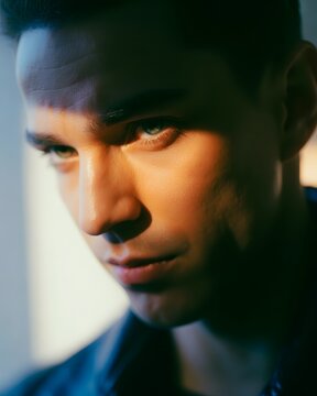 Man looking thoughtfully to the side in soft light