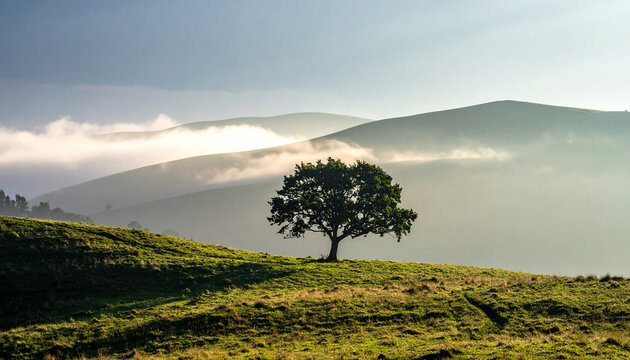 Lone tree widescreen misty montane grassland