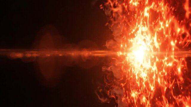 Abstract background with intense fire explosion and bright light flare effect on the right side, dynamic flames and glowing particles in a dark space