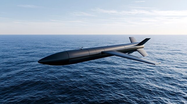 Cruise missile flying with wings deployed, moving at high speed above the ocean's surface under a clear sky, representing military technology and global security concepts