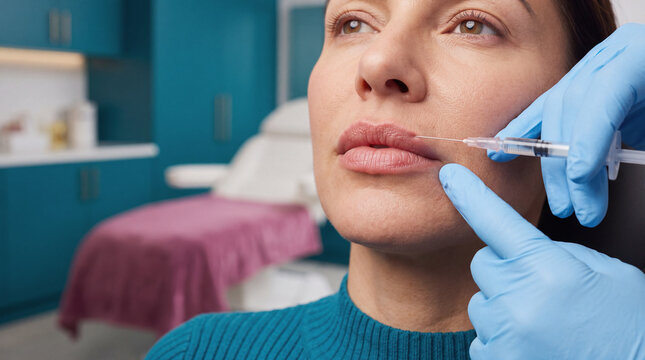 Cosmetic lip filler injection procedure in aesthetic clinic by medical professional