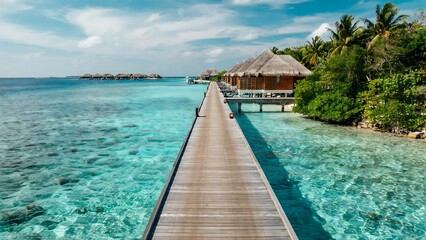 Fototapeta premium Wooden Walkway Leading to Thatched Roof Bungalows Over Turquoise Water in Tropical Maldives