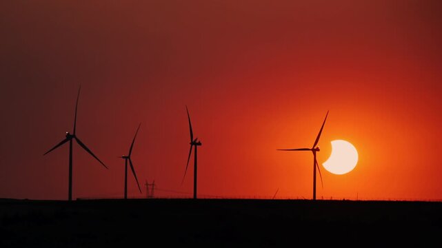 Energy transition concept, solar eclipse sunset over wind turbines time lapse. High quality 4k footage