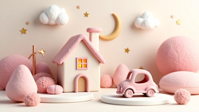Whimsical pastel 3D diorama, tiny plush‑textured house, pink toy car on round podiums, soft felt clouds, golden moon and stars, fluffy pink decor, gentle warm beige background, cute kid‑style scene
