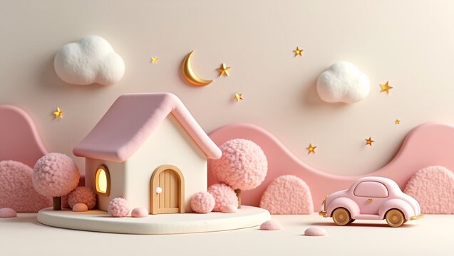 Charming felt‑textured 3D diorama, tiny pastel toy house, pink vintage car, fluffy pom‑pom trees, soft rolling hills, plush clouds, golden moon and stars, warm gentle lighting, cute whimsical kids sce