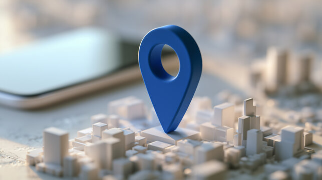 Back to school concept. Close-up portrait 3D illustration focusing on a large blue map pin and miniature white city blocks with a smartphone screen blurred in the background. Urban