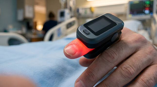 Close-up of a pulse oximeter on a patient's finger in a hospital room, monitoring oxygen saturation levels and heart rate in a clinical intensive care unit setting with bokeh background.