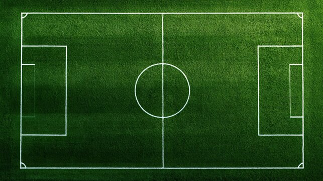 Green soccer field from an aerial perspective, showing white markings for the penalty areas, goal boxes, center circle, and halfway line, representing sports, competition, and playing
