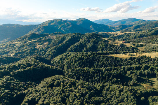 Expansive aerial landscape of densely forested mountains and rolling valleys illuminated by warm sunlight beneath a bright summer sky.
