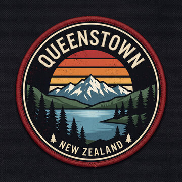 Vintage Queenstown patch, mountain lake travel badge