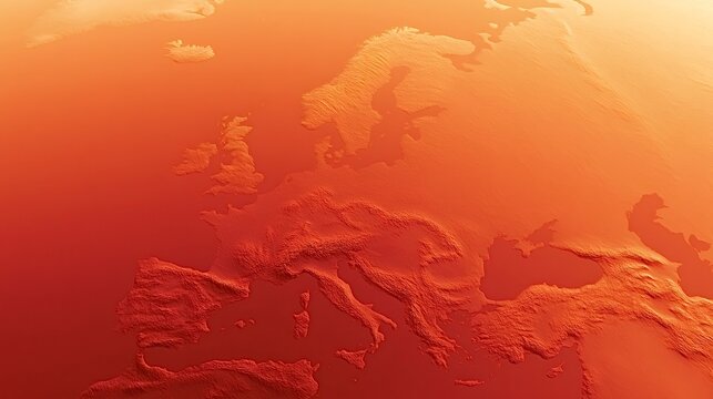 Europe map displaying increasing temperatures and heat patterns with a gradient from orange to red, visualizing the critical effects of climate change and extreme weather events