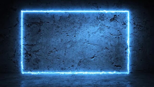 Glowing blue neon rectangular frame on a dark textured concrete wall background