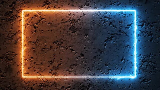 Glowing orange and blue neon rectangular frame on a dark textured concrete wall background