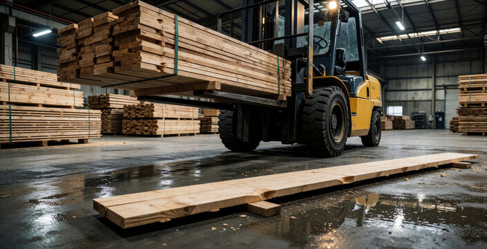 Yellow forklift carries heavy wooden planks in large industrial warehouse. Operator moves timber stock for wood processing construction logistics. Large stacks of lumber sit on floor in factory