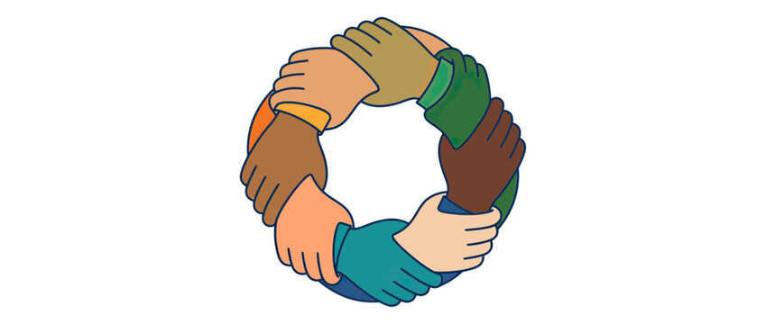 Diverse hands linked in unity circle
