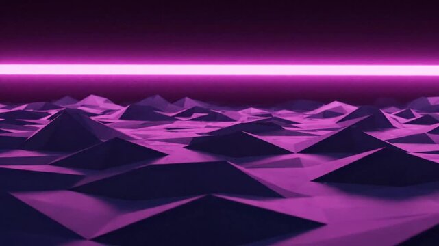 Abstract digital landscape with low poly mountains and a glowing neon pink horizontal light beam in a dark purple atmosphere