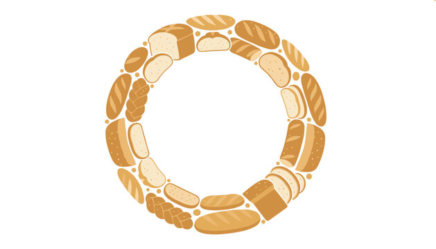 Circular wreath frame of different bread varieties including wheat buns, sliced loaves, baguettes, and croissants.