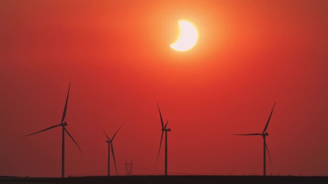 Energy transition concept, solar eclipse sunset over wind turbines time lapse. High quality 4k footage